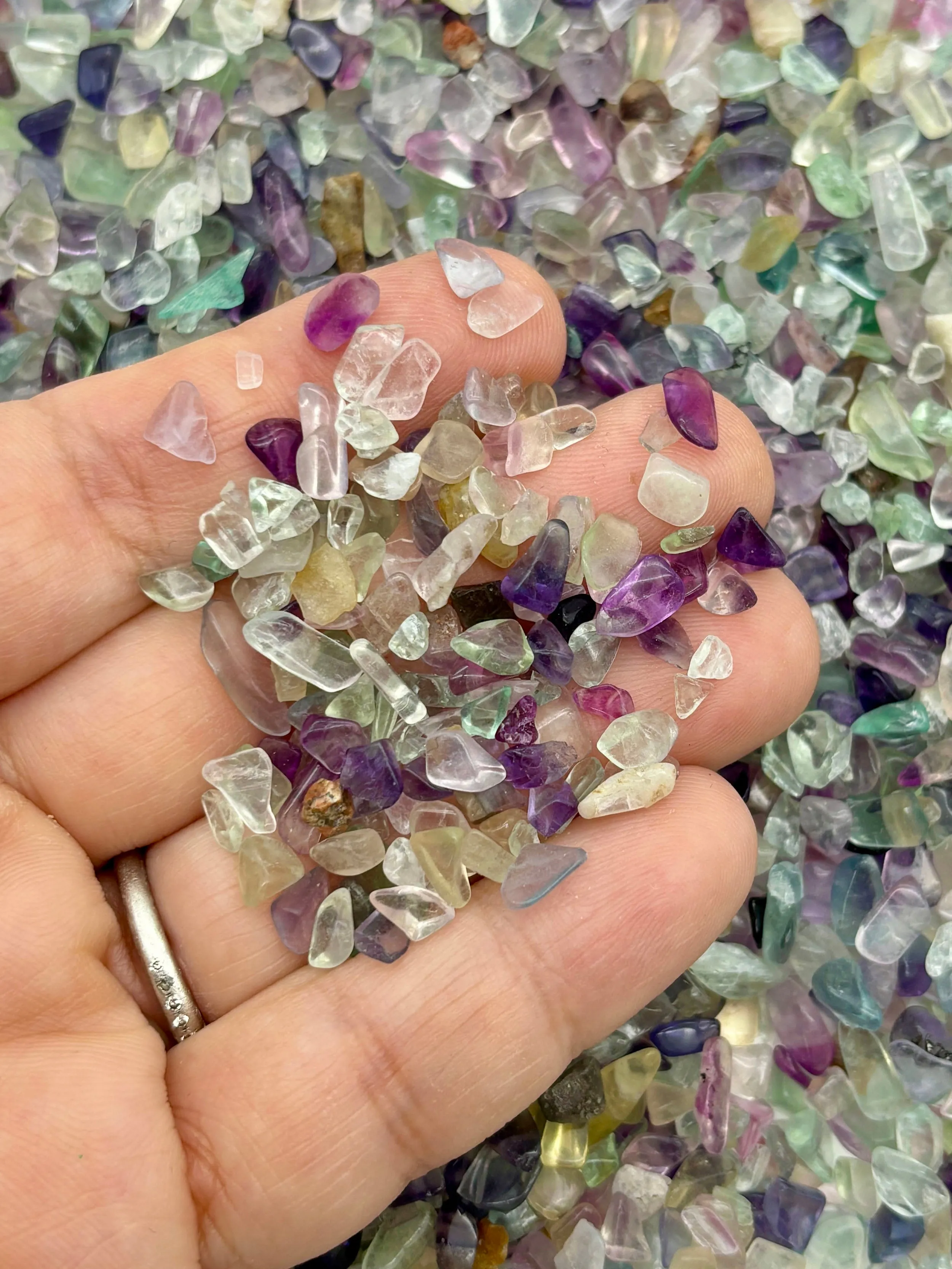 100g Purple and Green Flourite Natural Gemstone Chunk Chips, Gem Stone Nuggets, Multisize No Hole Polished Tumbled Rocks C85