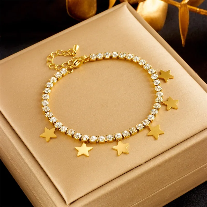 316L Stainless Steel Star Pentagram Zircon Pendant Necklace Bracelets For Women