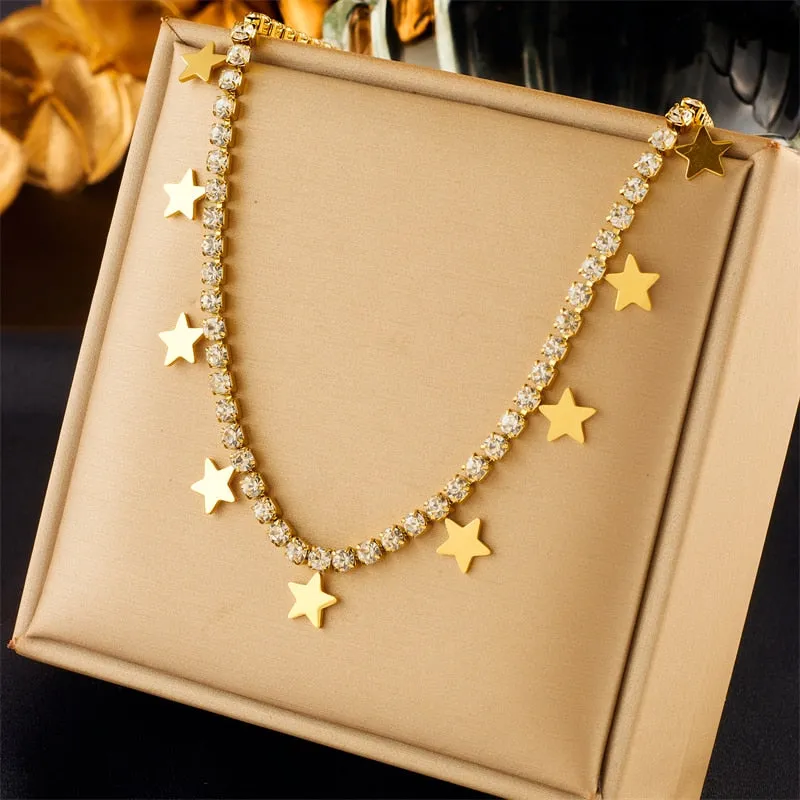 316L Stainless Steel Star Pentagram Zircon Pendant Necklace Bracelets For Women