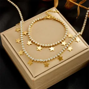 316L Stainless Steel Star Pentagram Zircon Pendant Necklace Bracelets For Women