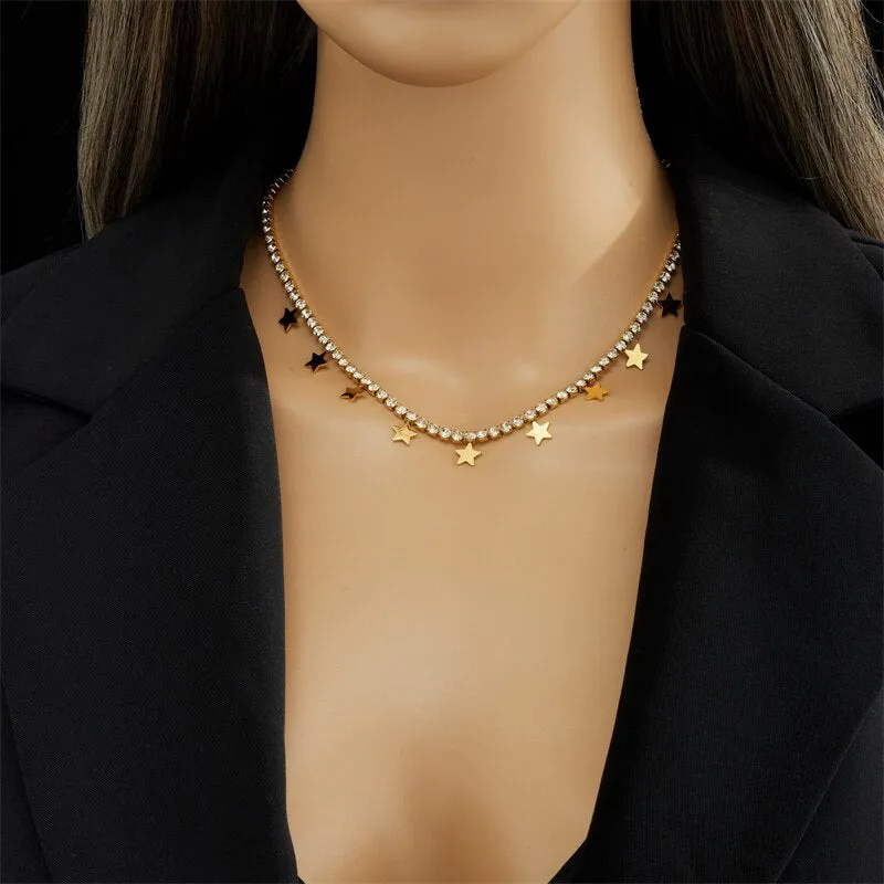 316L Stainless Steel Star Pentagram Zircon Pendant Necklace Bracelets For Women