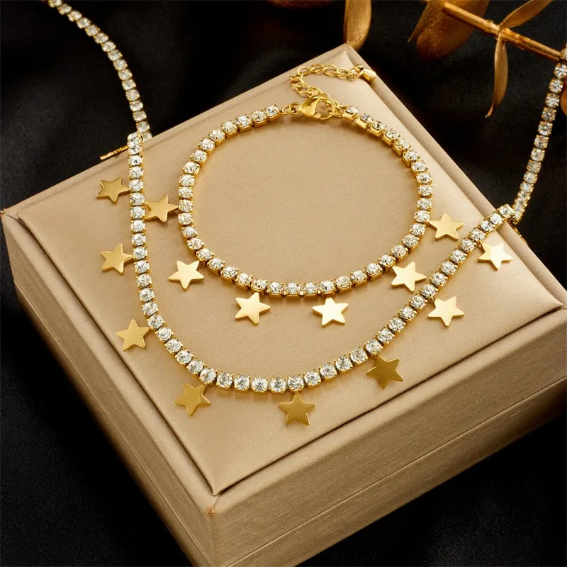 316L Stainless Steel Star Pentagram Zircon Pendant Necklace Bracelets For Women