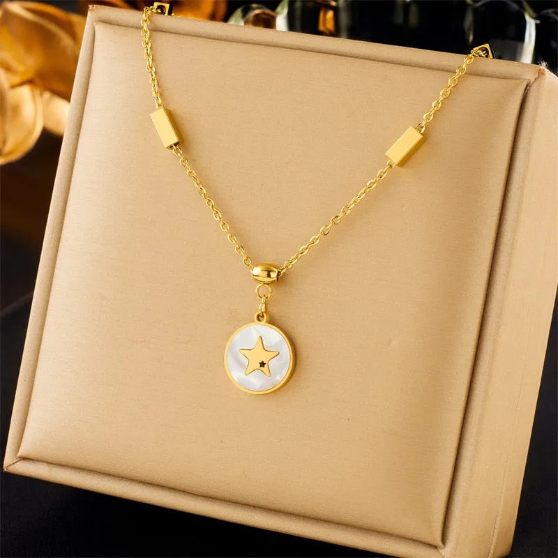 316L Stainless Steel Star Round Pendant Necklace Earrings For Women