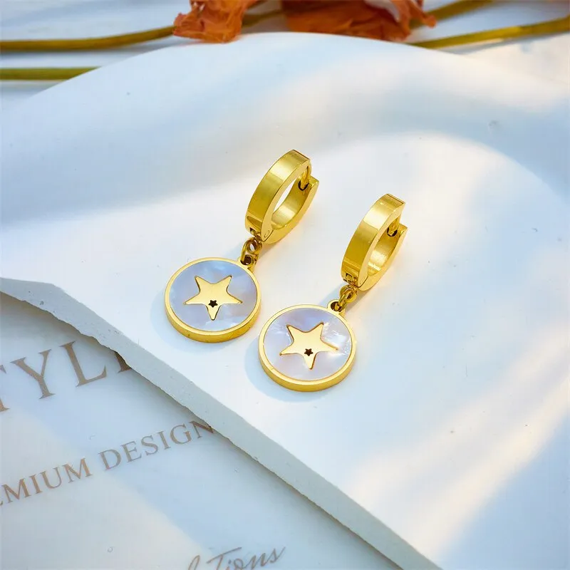 316L Stainless Steel Star Round Pendant Necklace Earrings For Women
