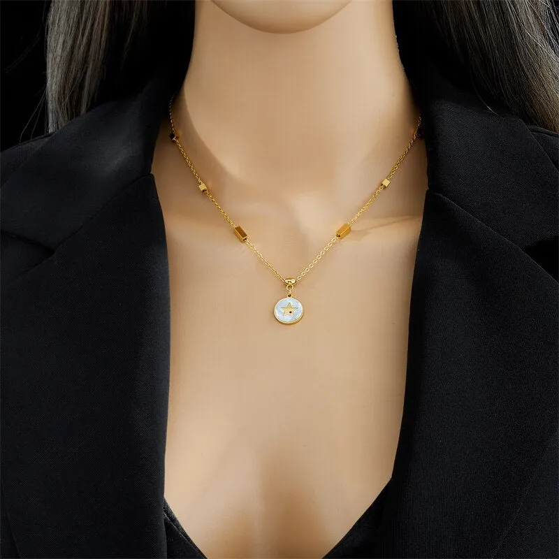 316L Stainless Steel Star Round Pendant Necklace Earrings For Women