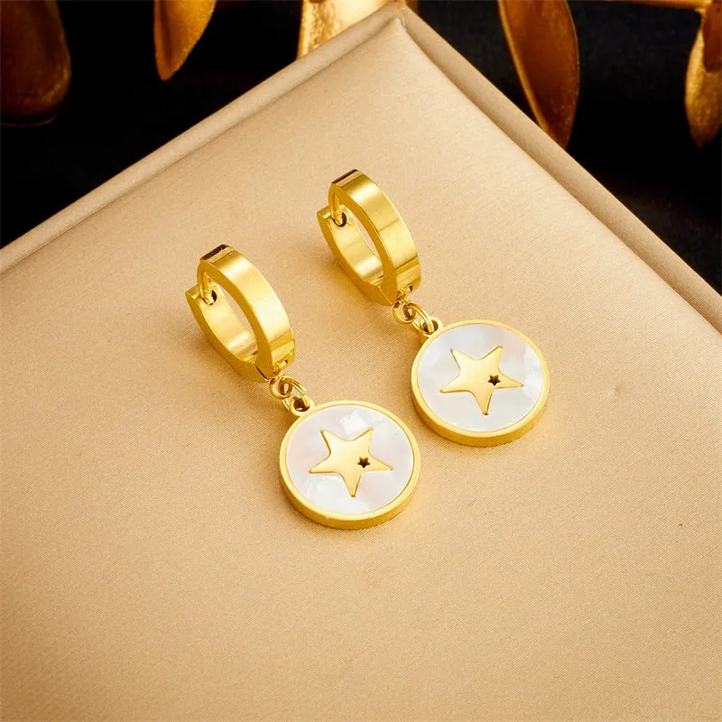 316L Stainless Steel Star Round Pendant Necklace Earrings For Women