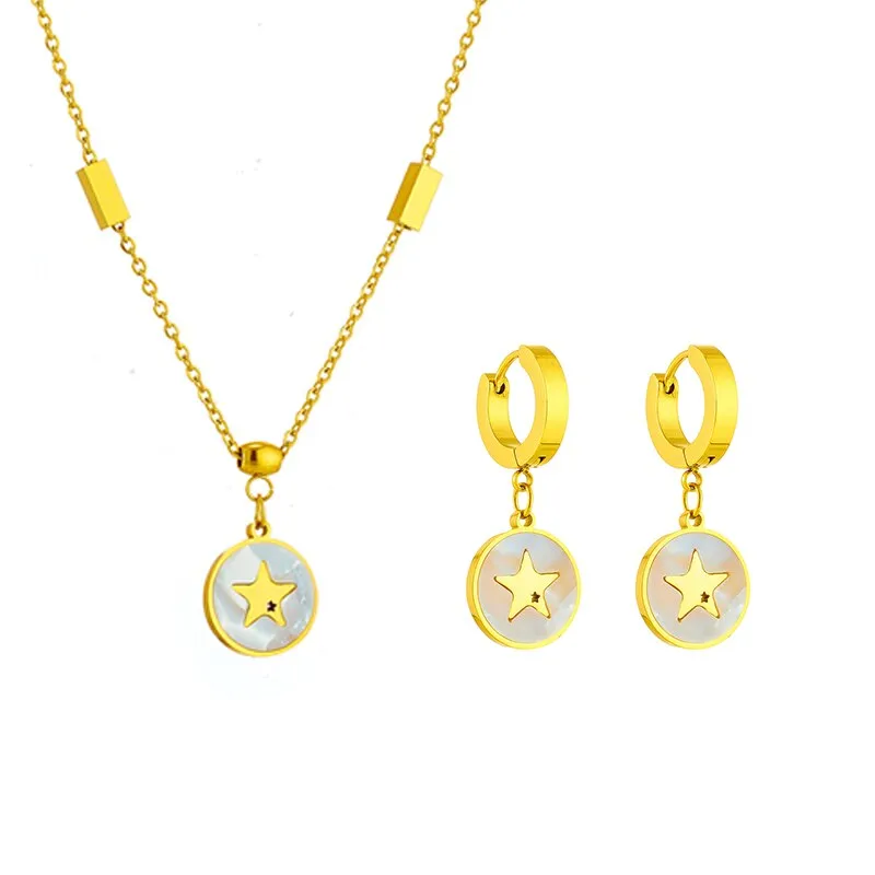 316L Stainless Steel Star Round Pendant Necklace Earrings For Women