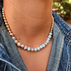 8mm Aqua Terra Jasper w 6mm 14k Yellow Gold Filled Bead Necklace