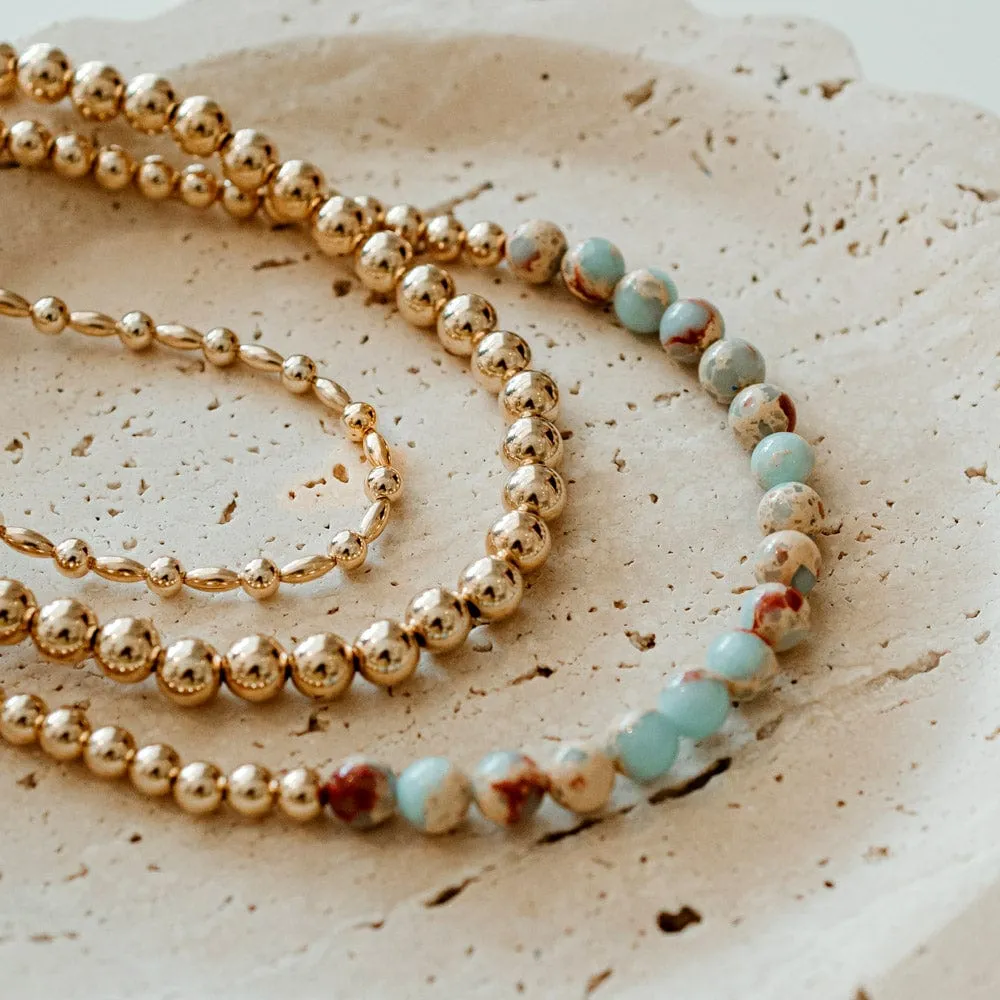 8mm Aqua Terra Jasper w 6mm 14k Yellow Gold Filled Bead Necklace