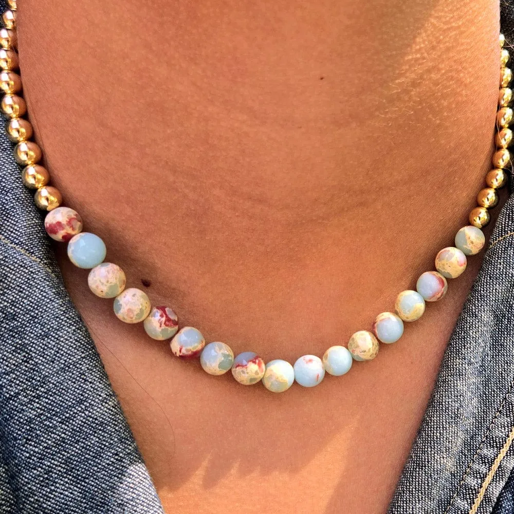 8mm Aqua Terra Jasper w 6mm 14k Yellow Gold Filled Bead Necklace