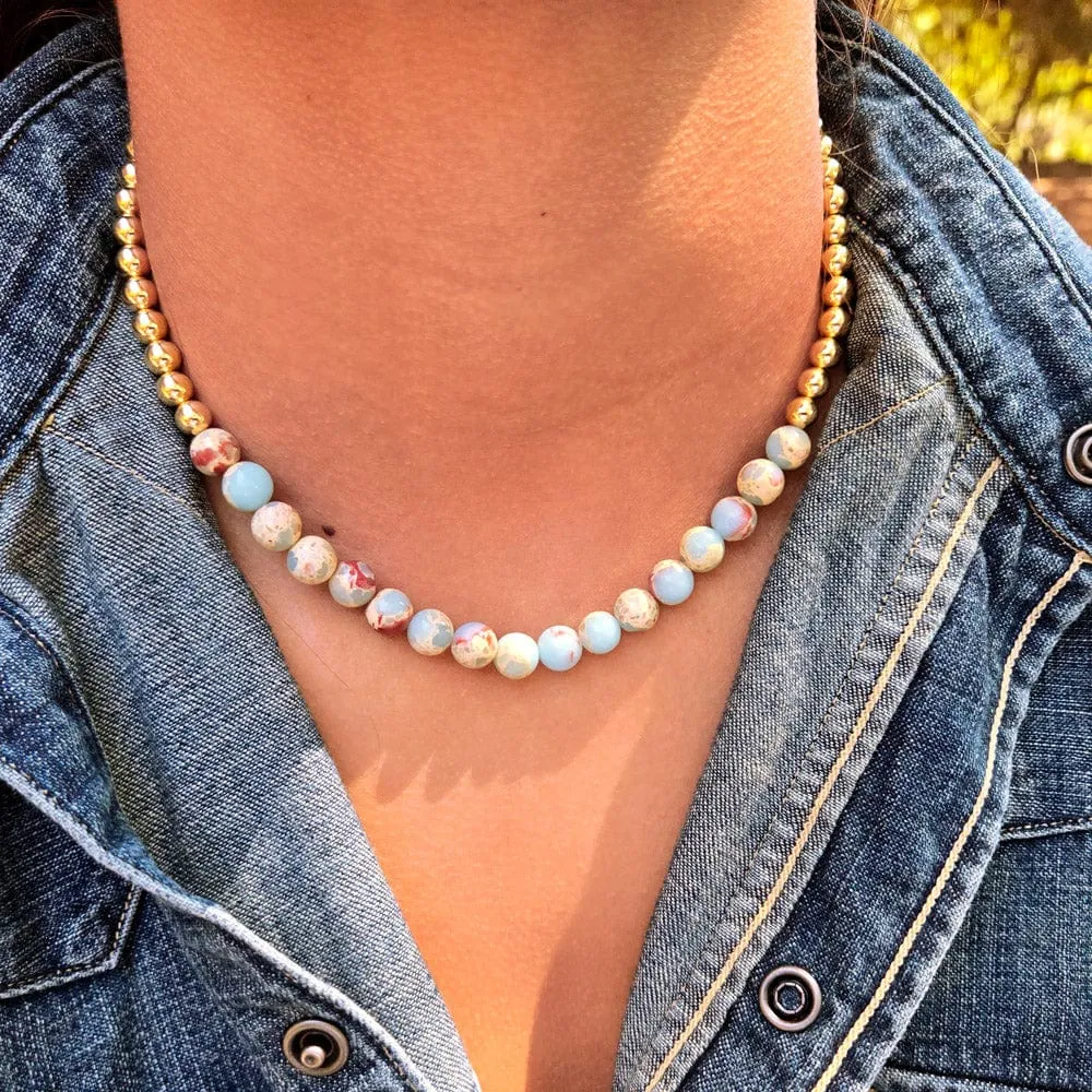 8mm Aqua Terra Jasper w 6mm 14k Yellow Gold Filled Bead Necklace