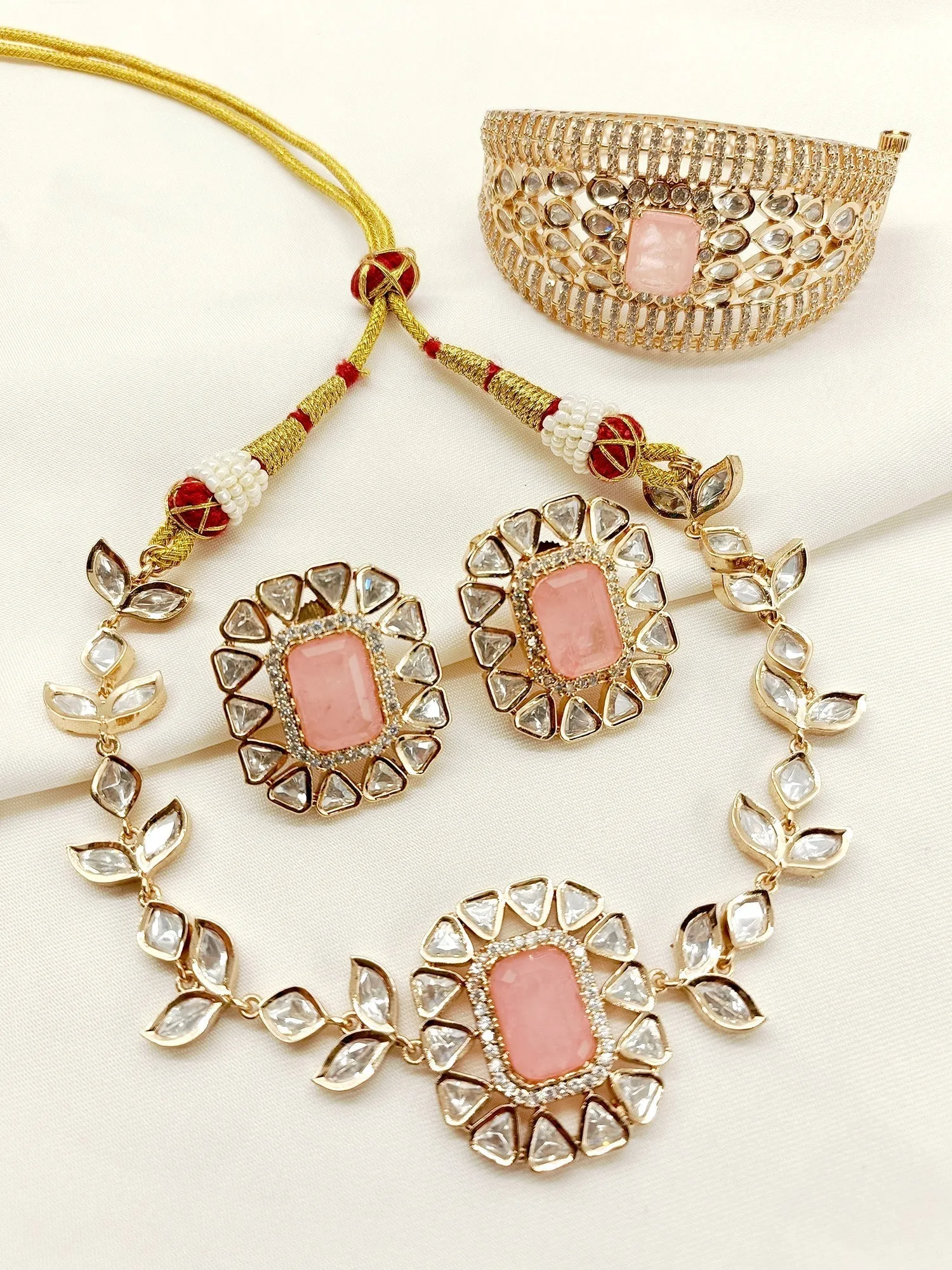 Avanya Pink Kundan Choker With Bracelet Combo set