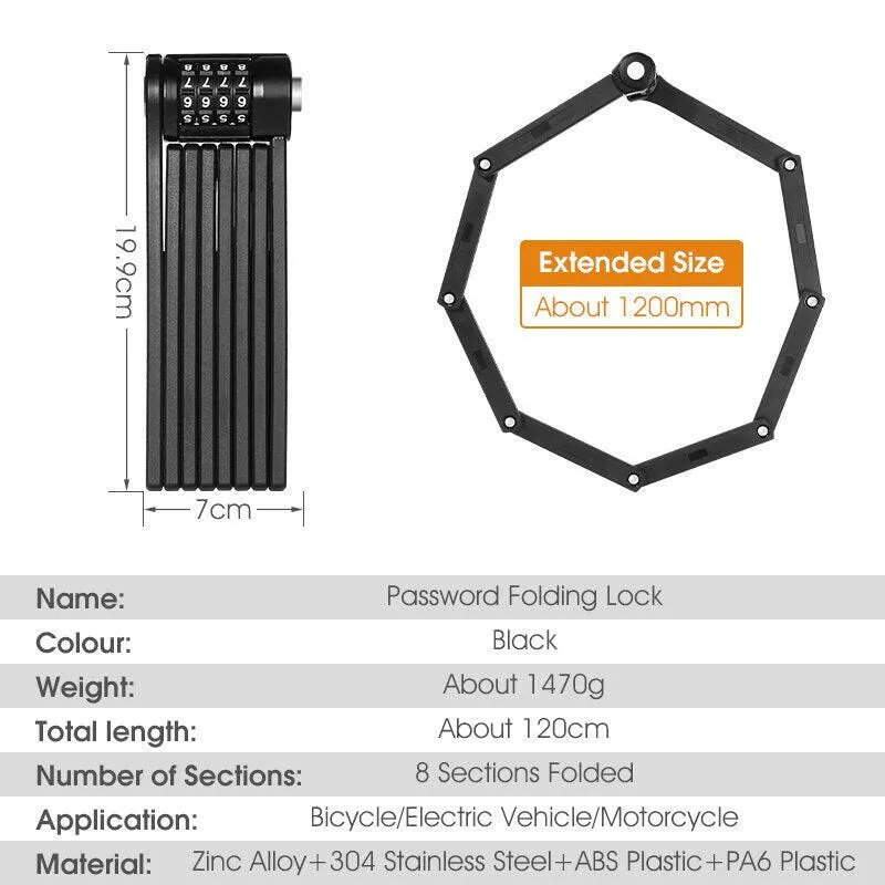 Bicycle Folding Chain Lock Anti Theft Combination Lock Heavy Duty Safety Motorcycle MTB Road Cycling Electric Lock