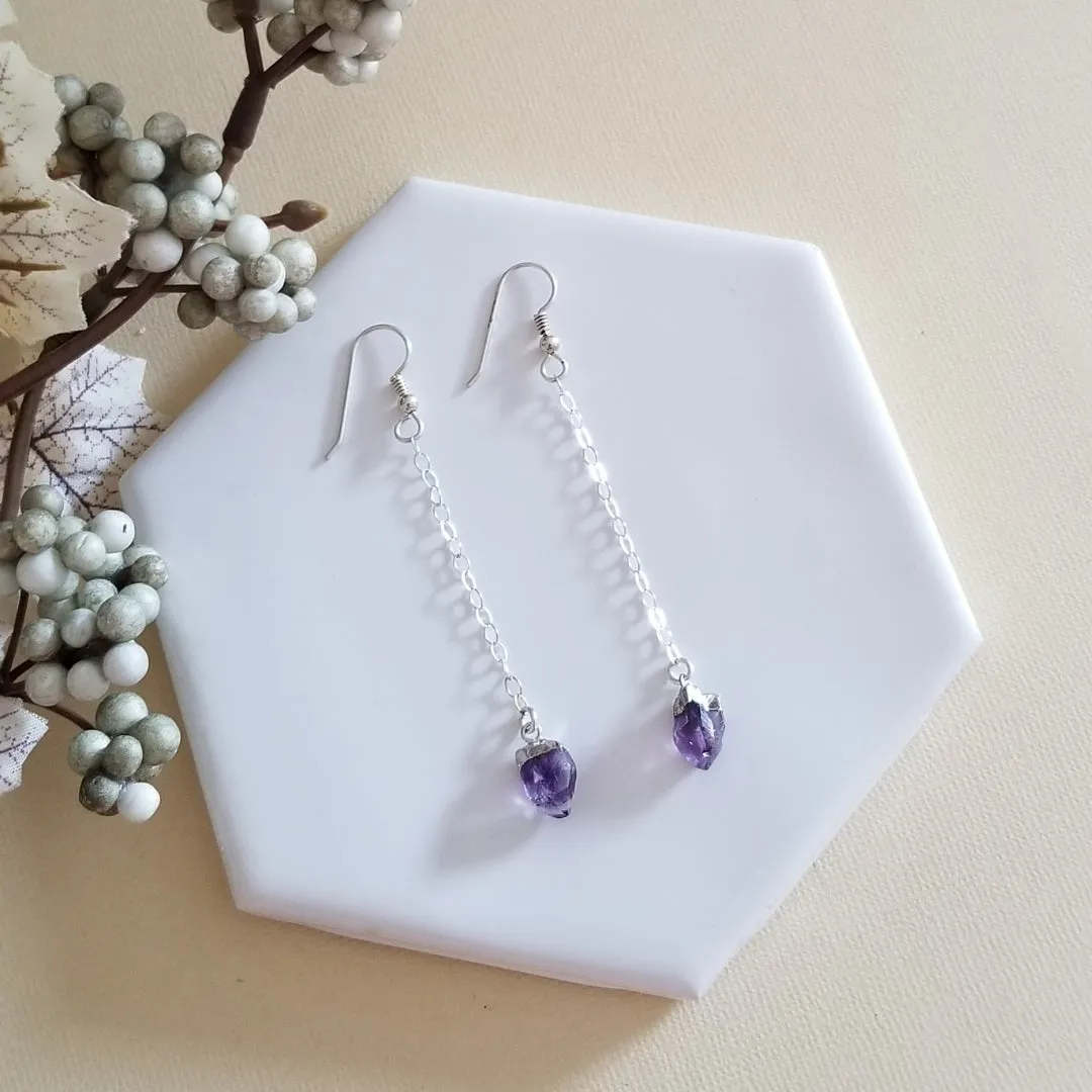 Birthstone Earrings, Raw Gemstone Earrings, Dainty Stone Chain Earrings