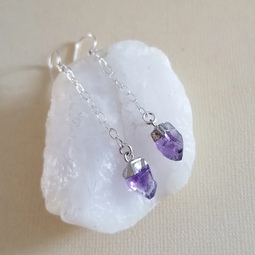 Birthstone Earrings, Raw Gemstone Earrings, Dainty Stone Chain Earrings