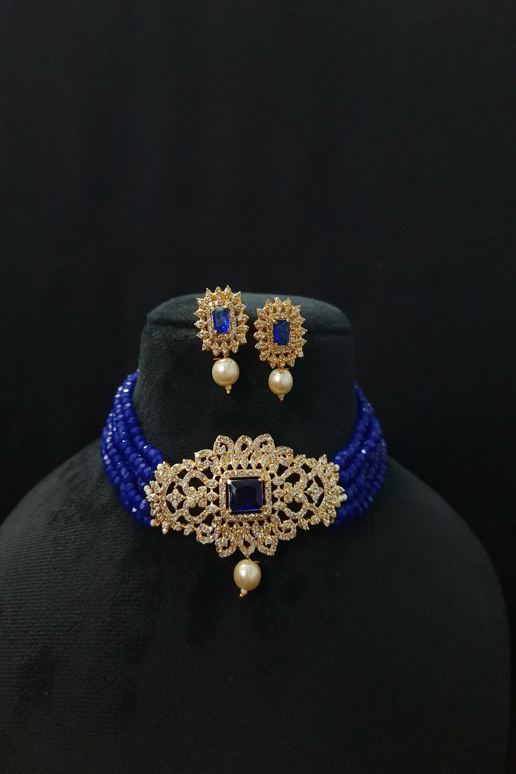Blue AD Choker Necklace Set