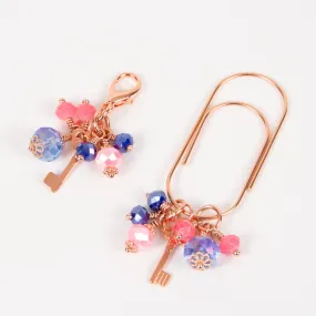 Blush and Navy Rose Gold Key Dangle Clip or Charm with Pink and Dark Blue Crystals