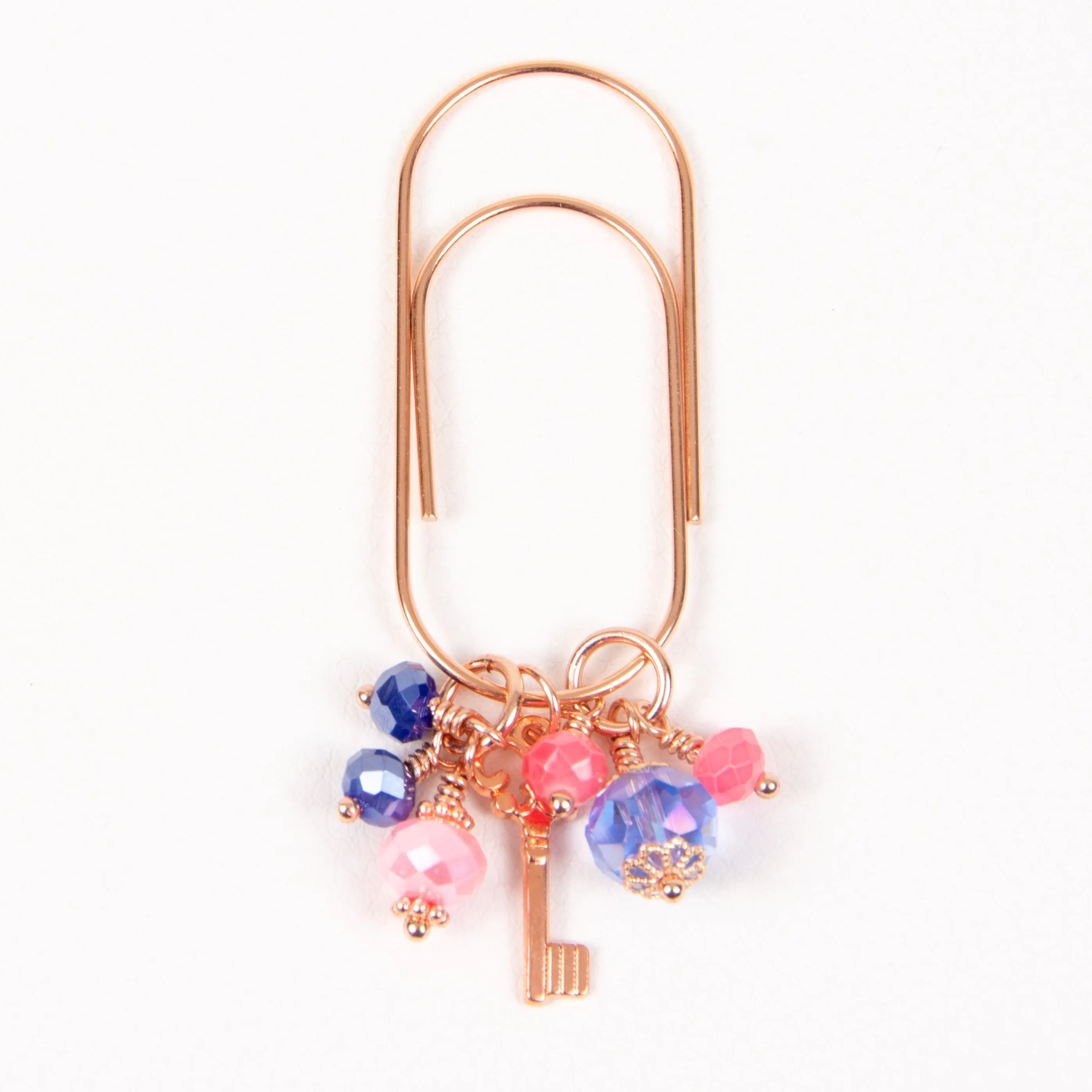 Blush and Navy Rose Gold Key Dangle Clip or Charm with Pink and Dark Blue Crystals