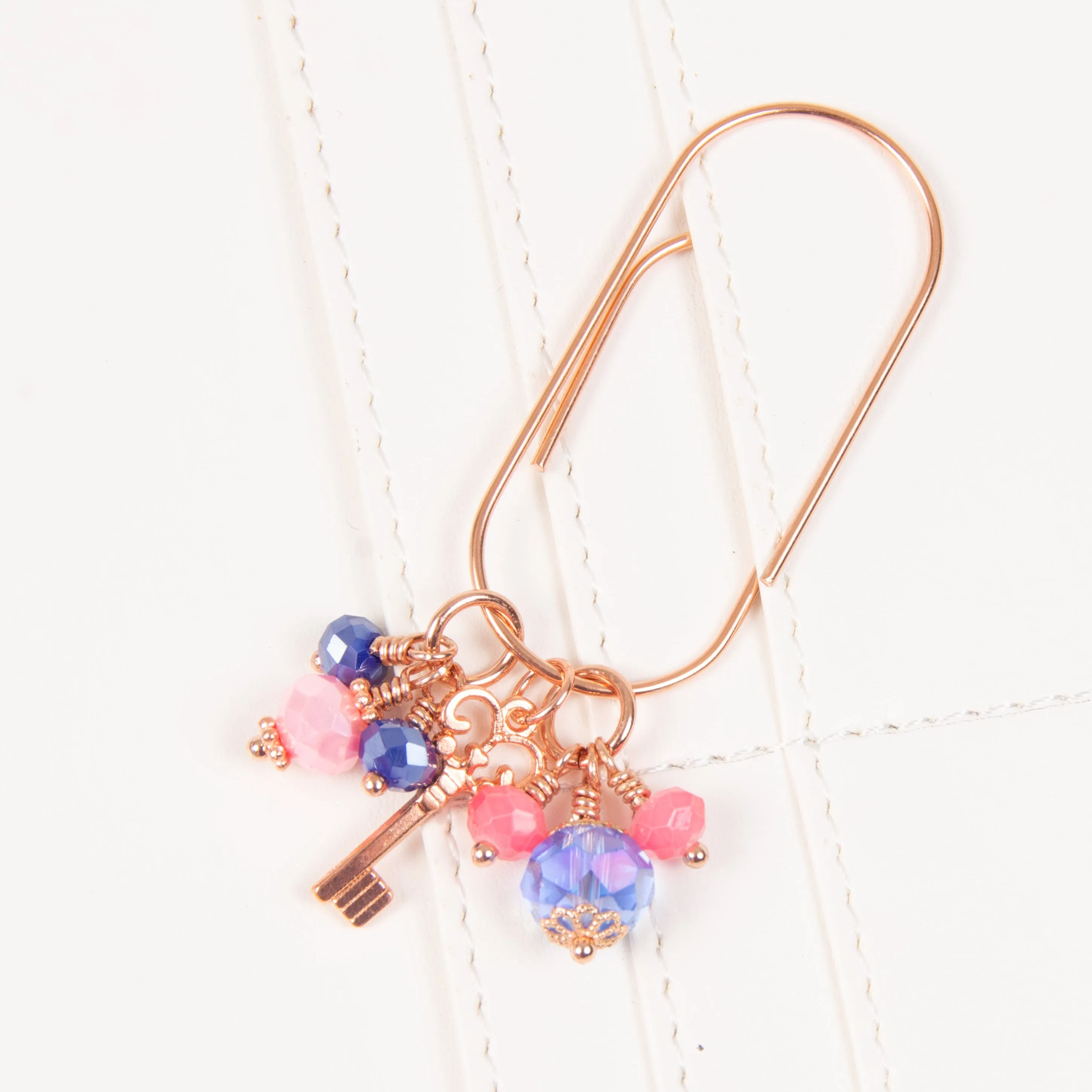 Blush and Navy Rose Gold Key Dangle Clip or Charm with Pink and Dark Blue Crystals