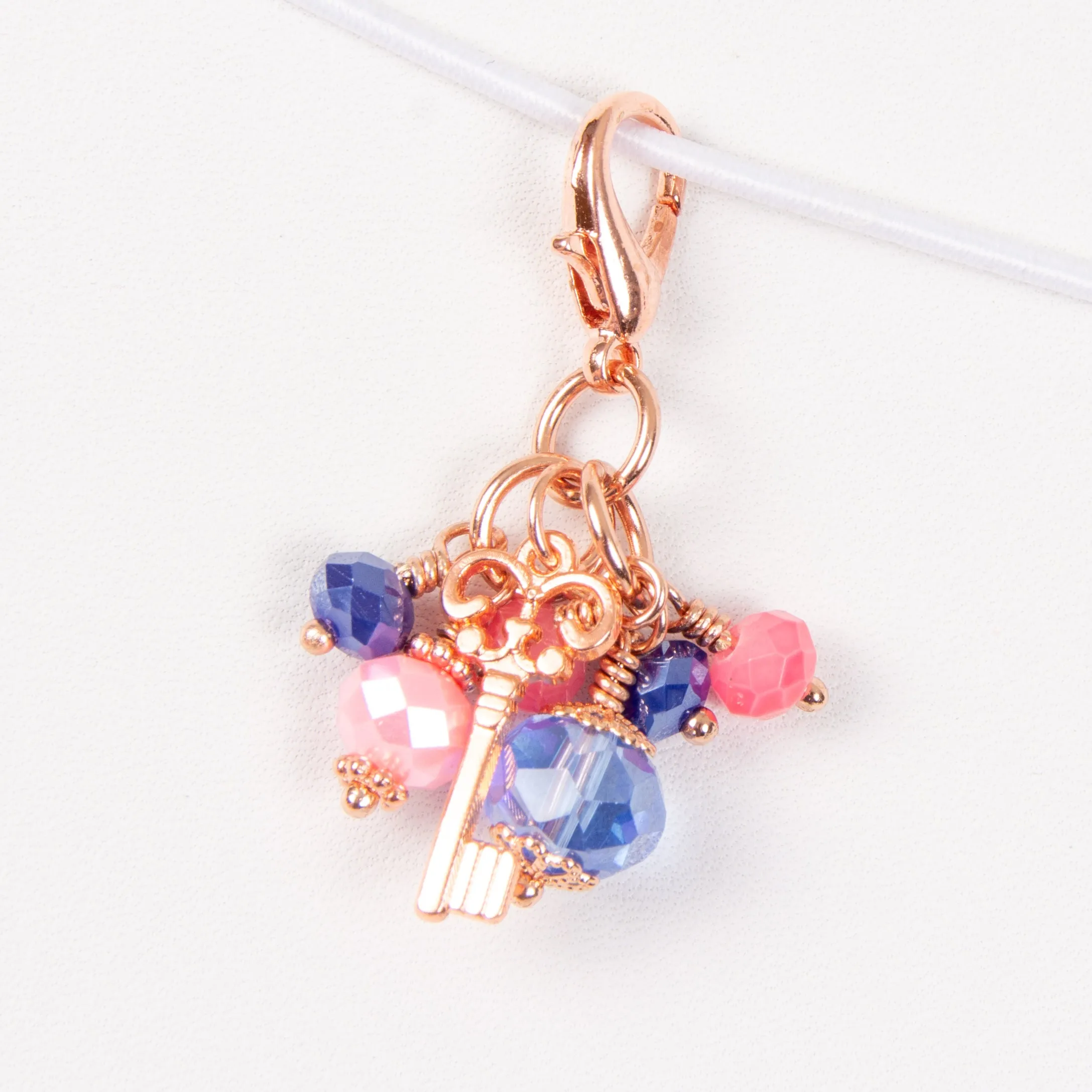 Blush and Navy Rose Gold Key Dangle Clip or Charm with Pink and Dark Blue Crystals