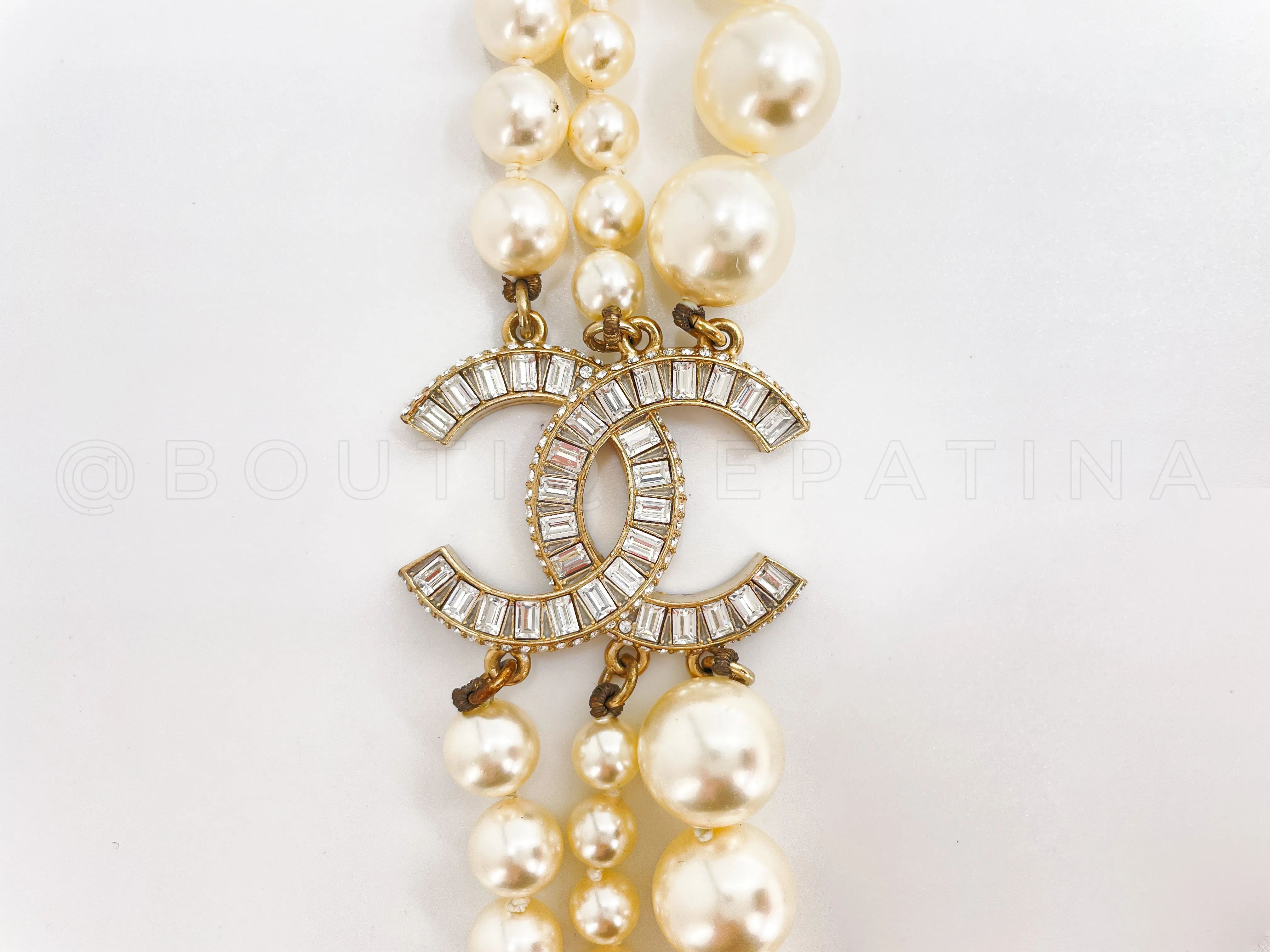 Chanel 14B Pearl and Baguette Crystal Triple Strand Choker Necklace
