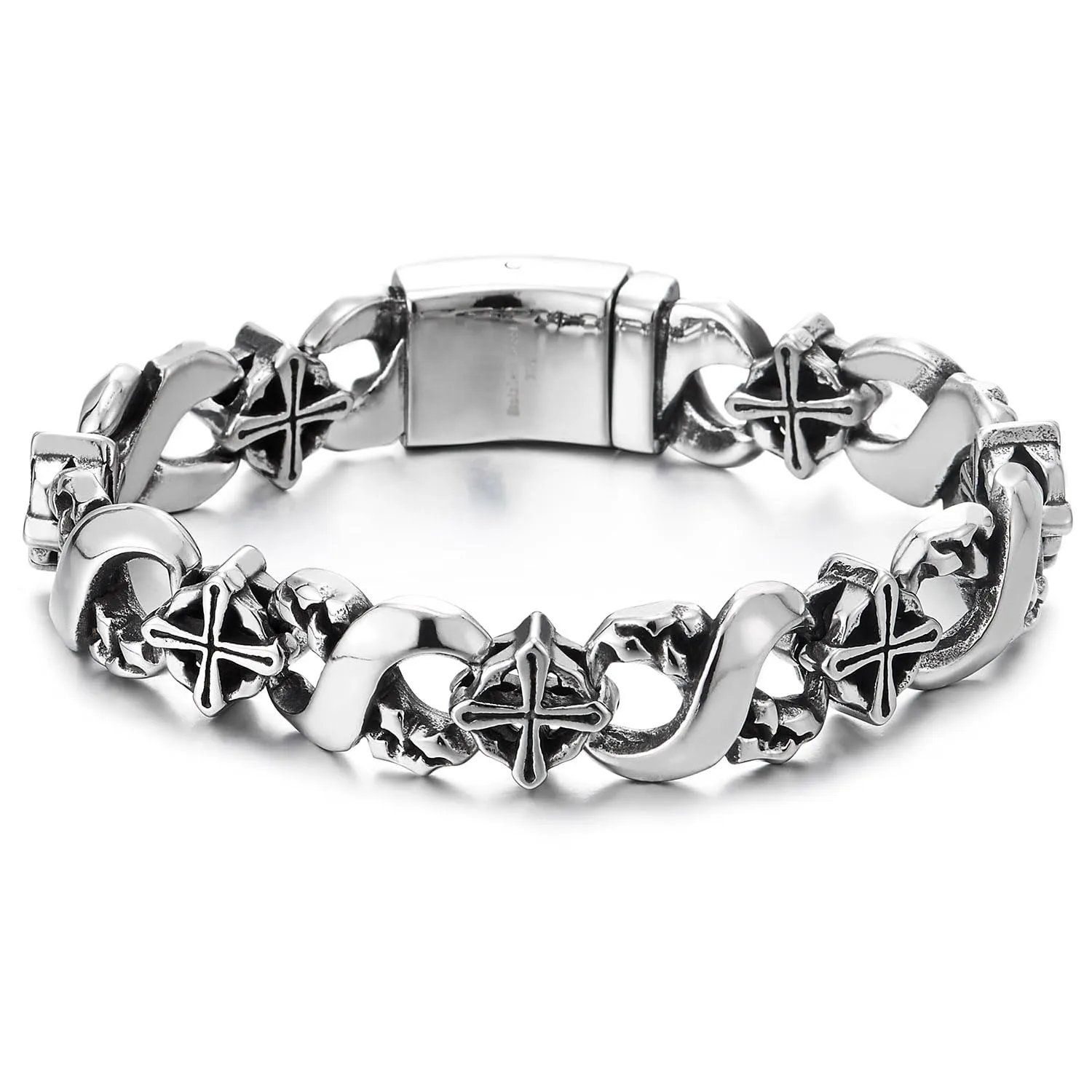 COOLSTEELANDBEYOND Mens Infinity Number 8 Bracelet, Textured Circle Cross Link Chain, Stainless Steel, Unique