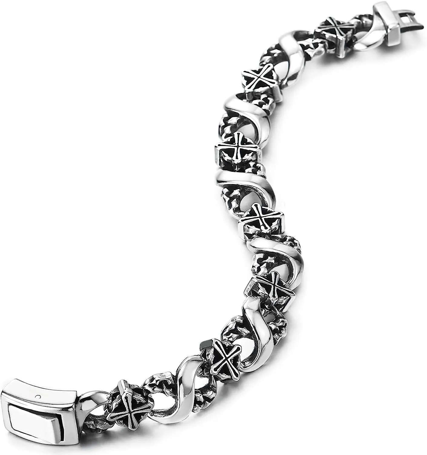COOLSTEELANDBEYOND Mens Infinity Number 8 Bracelet, Textured Circle Cross Link Chain, Stainless Steel, Unique