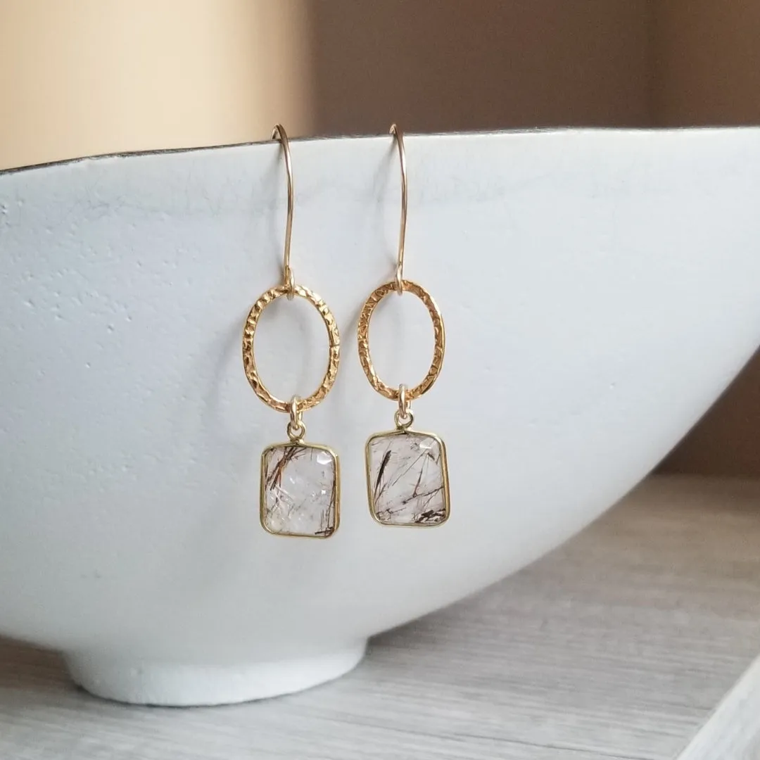 Copper Rutilated Quartz Earrings, Gold Circle Earrings, Crystal Dangle Earrings, Small Hoops