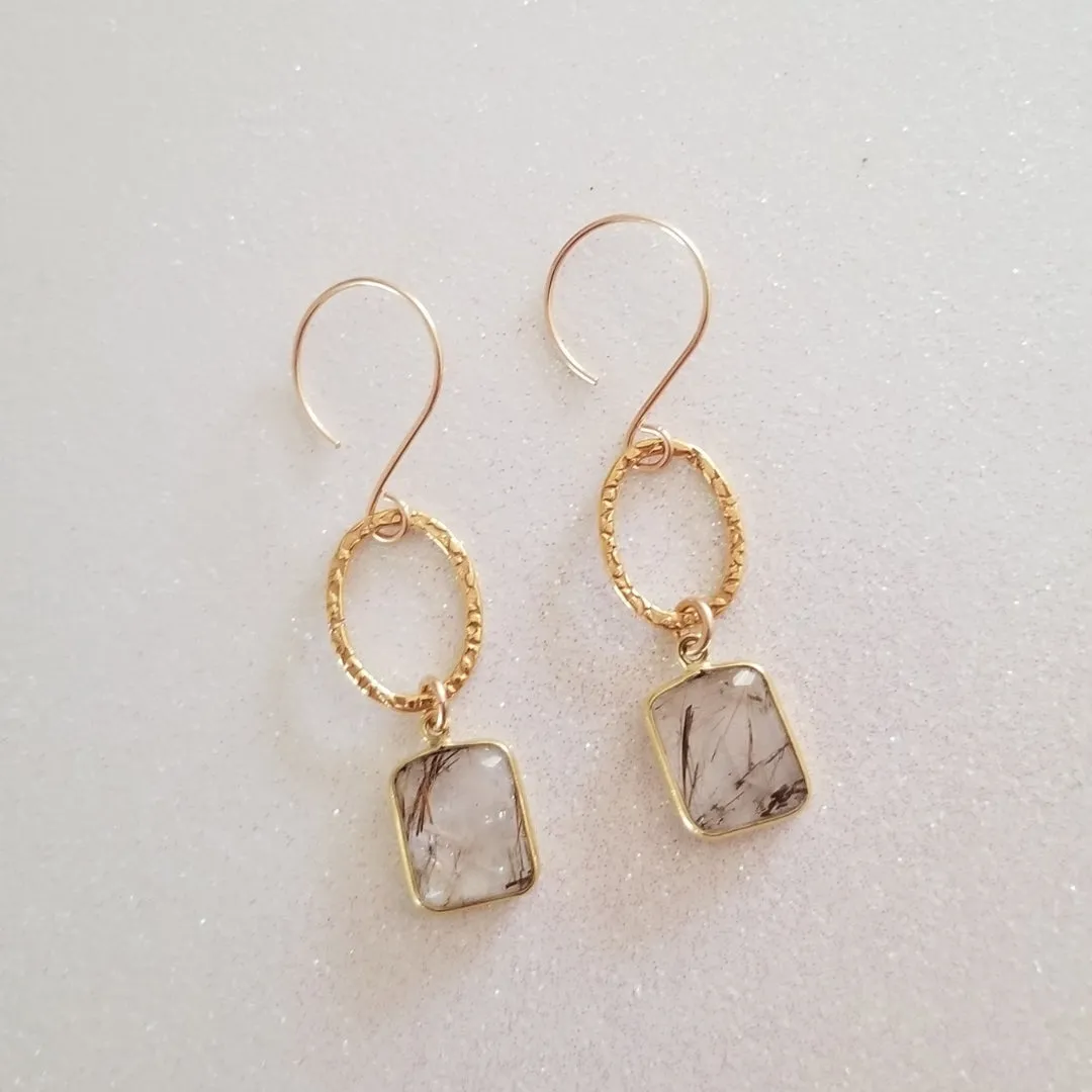 Copper Rutilated Quartz Earrings, Gold Circle Earrings, Crystal Dangle Earrings, Small Hoops