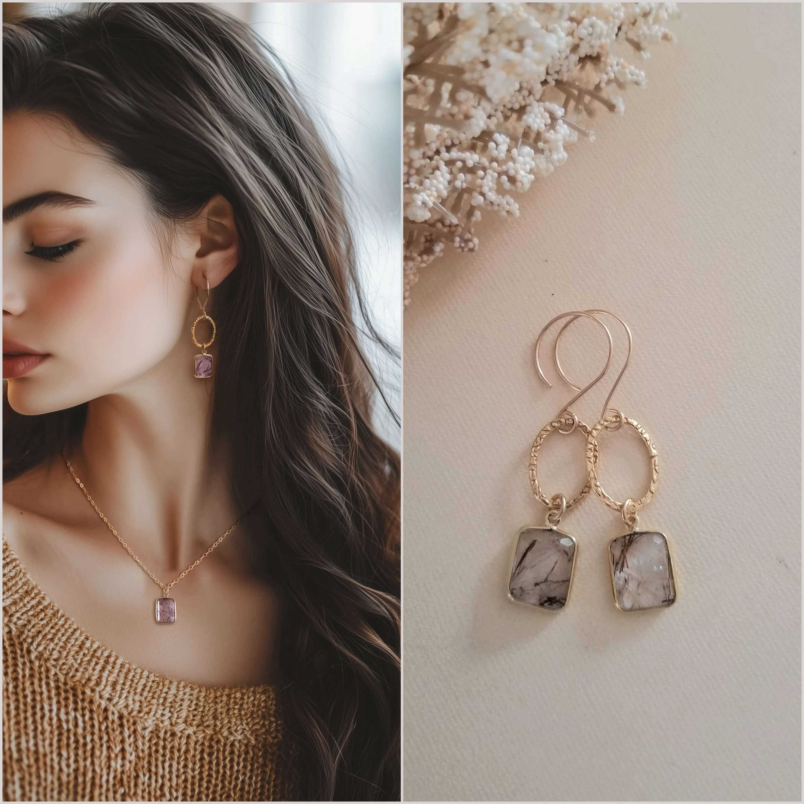 Copper Rutilated Quartz Earrings, Gold Circle Earrings, Crystal Dangle Earrings, Small Hoops