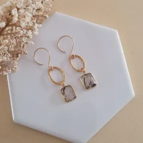 Copper Rutilated Quartz Earrings, Gold Circle Earrings, Crystal Dangle Earrings, Small Hoops
