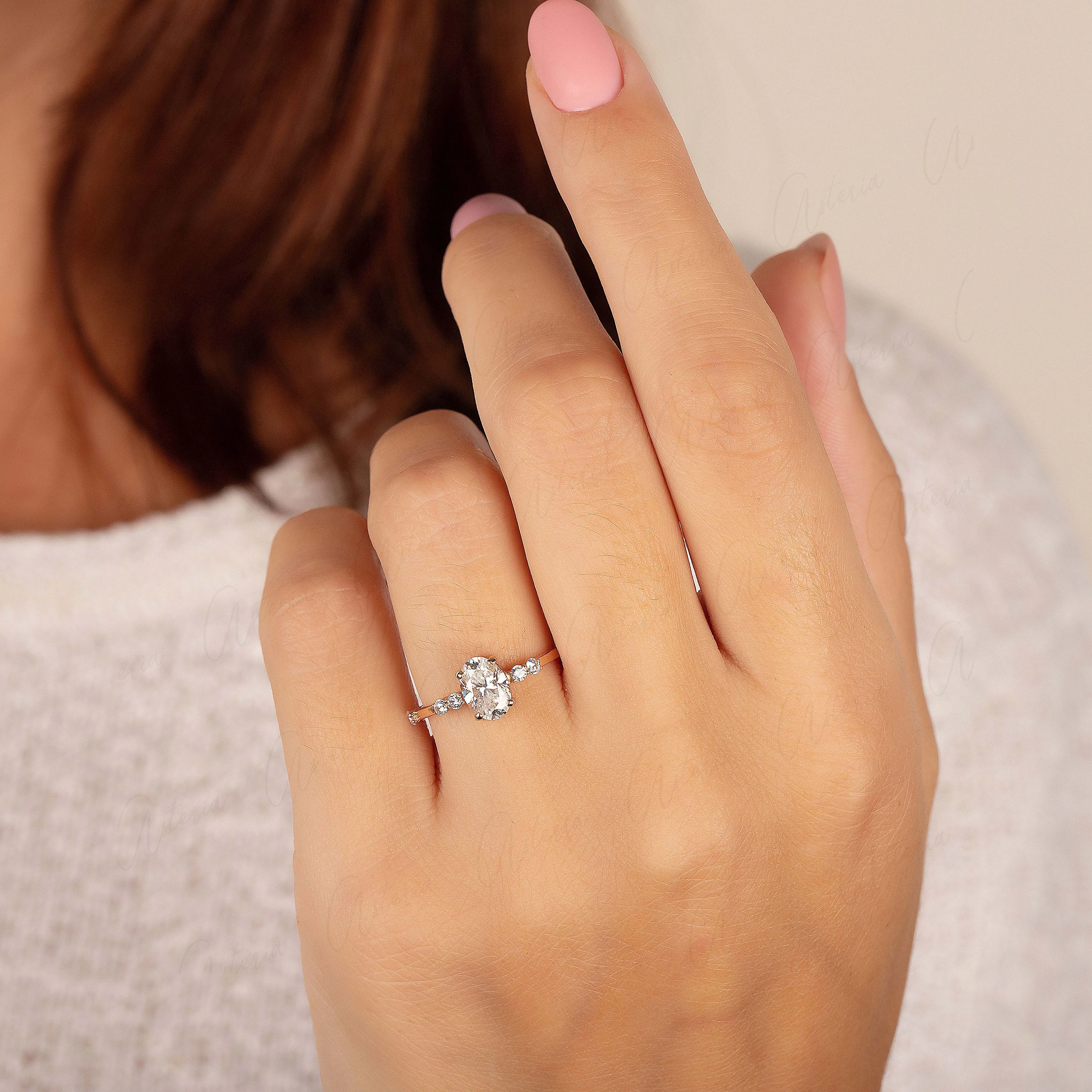 Dainty & elegant 14k rose gold oval cut moissanite promise ring for her