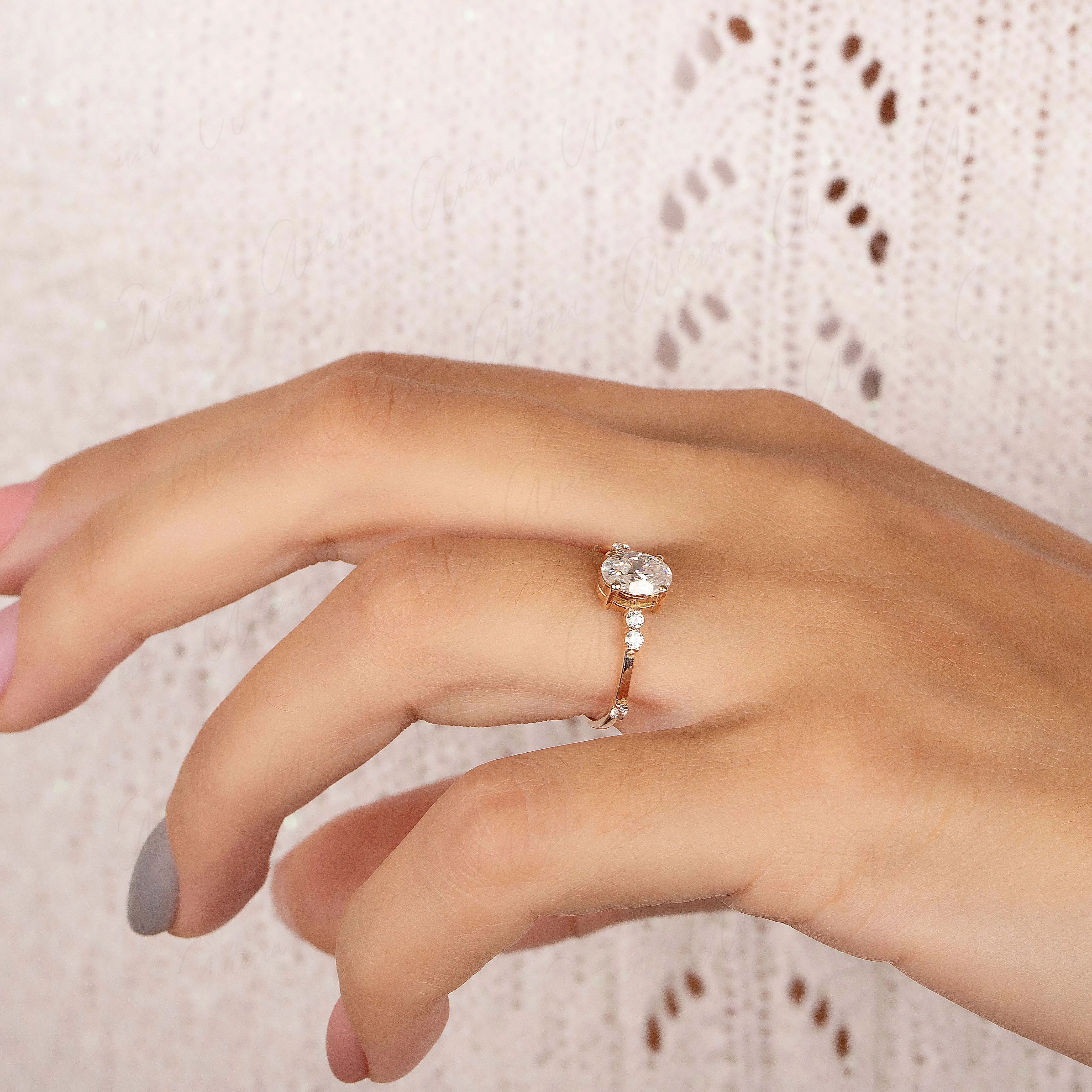 Dainty & elegant 14k rose gold oval cut moissanite promise ring for her