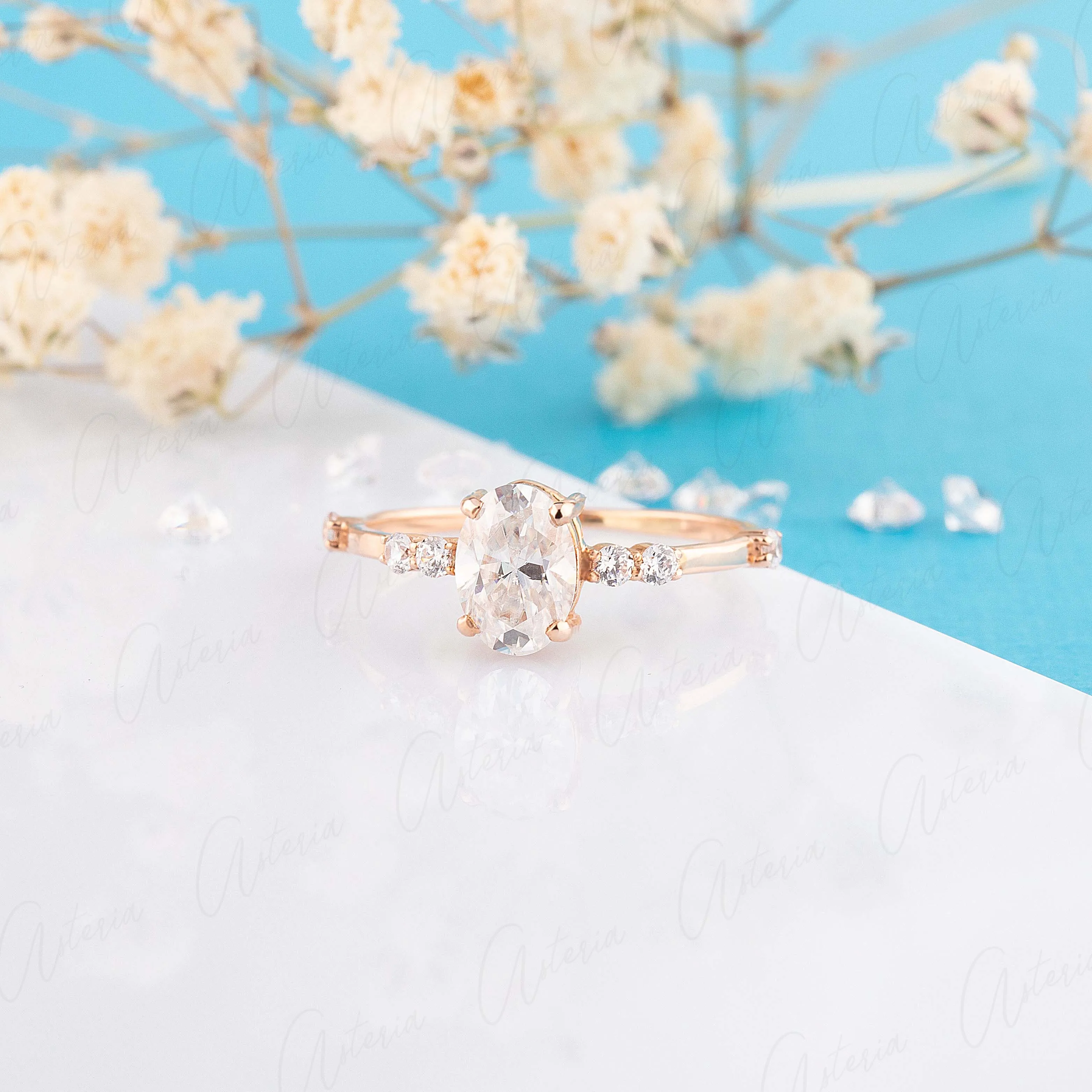 Dainty & elegant 14k rose gold oval cut moissanite promise ring for her