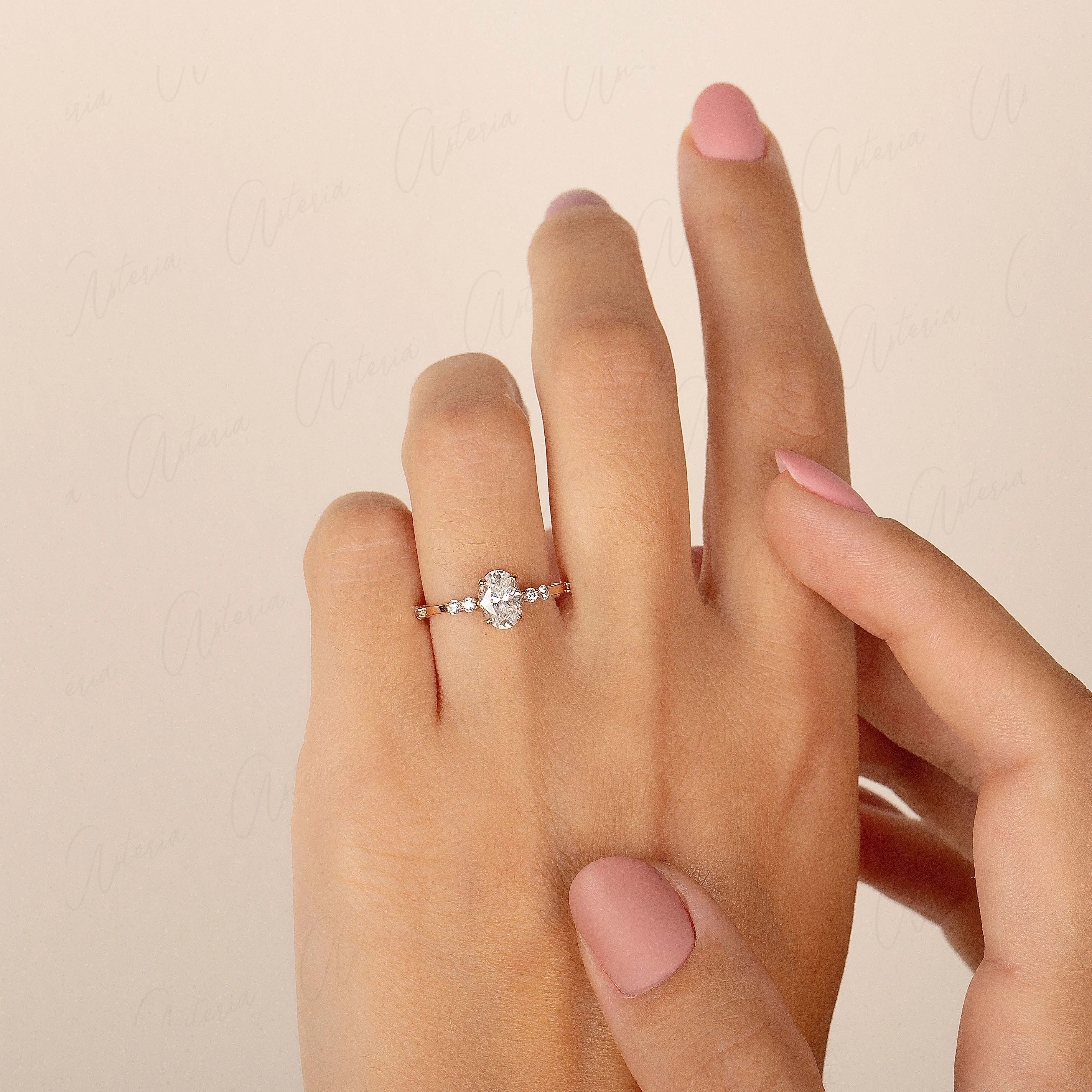 Dainty & elegant 14k rose gold oval cut moissanite promise ring for her