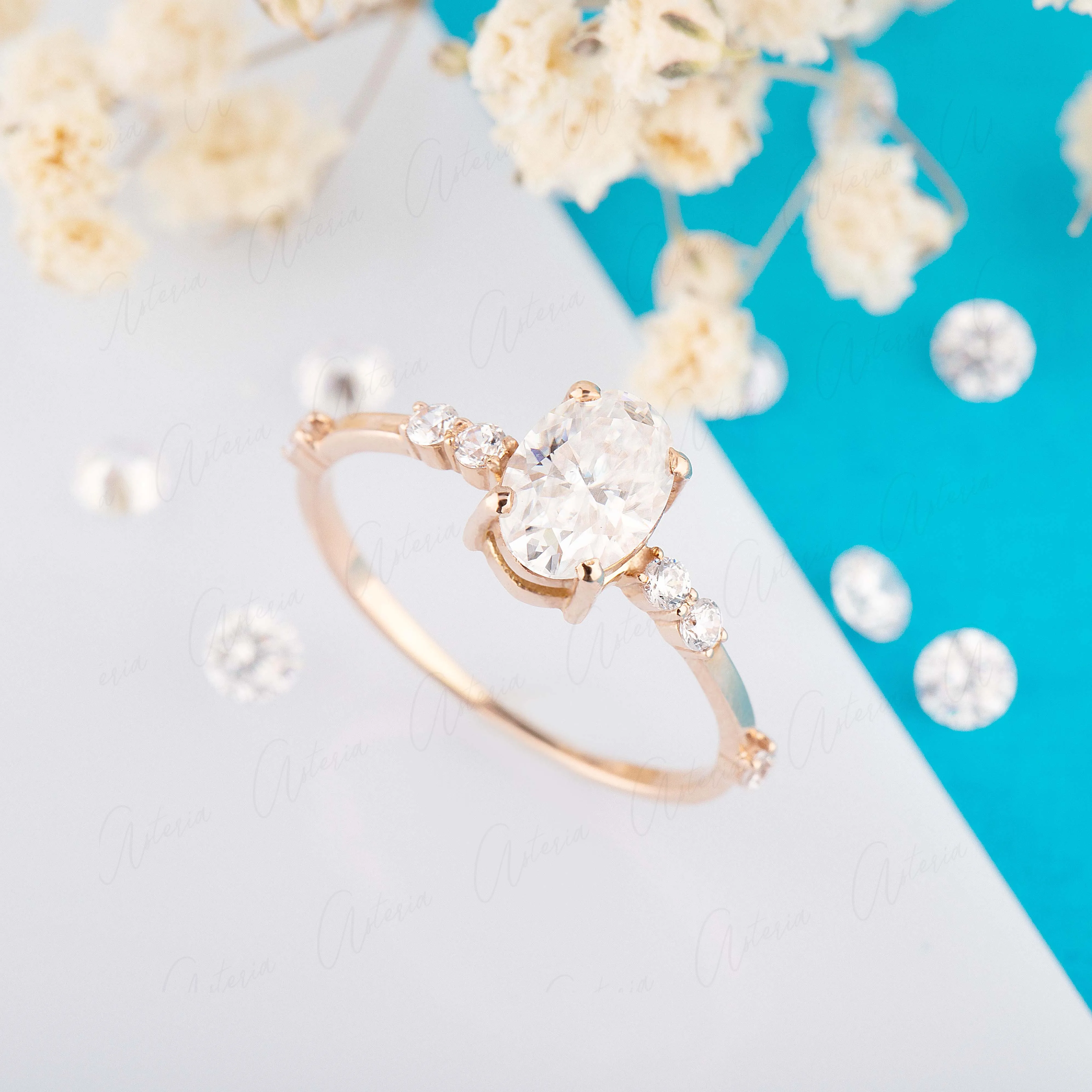 Dainty & elegant 14k rose gold oval cut moissanite promise ring for her