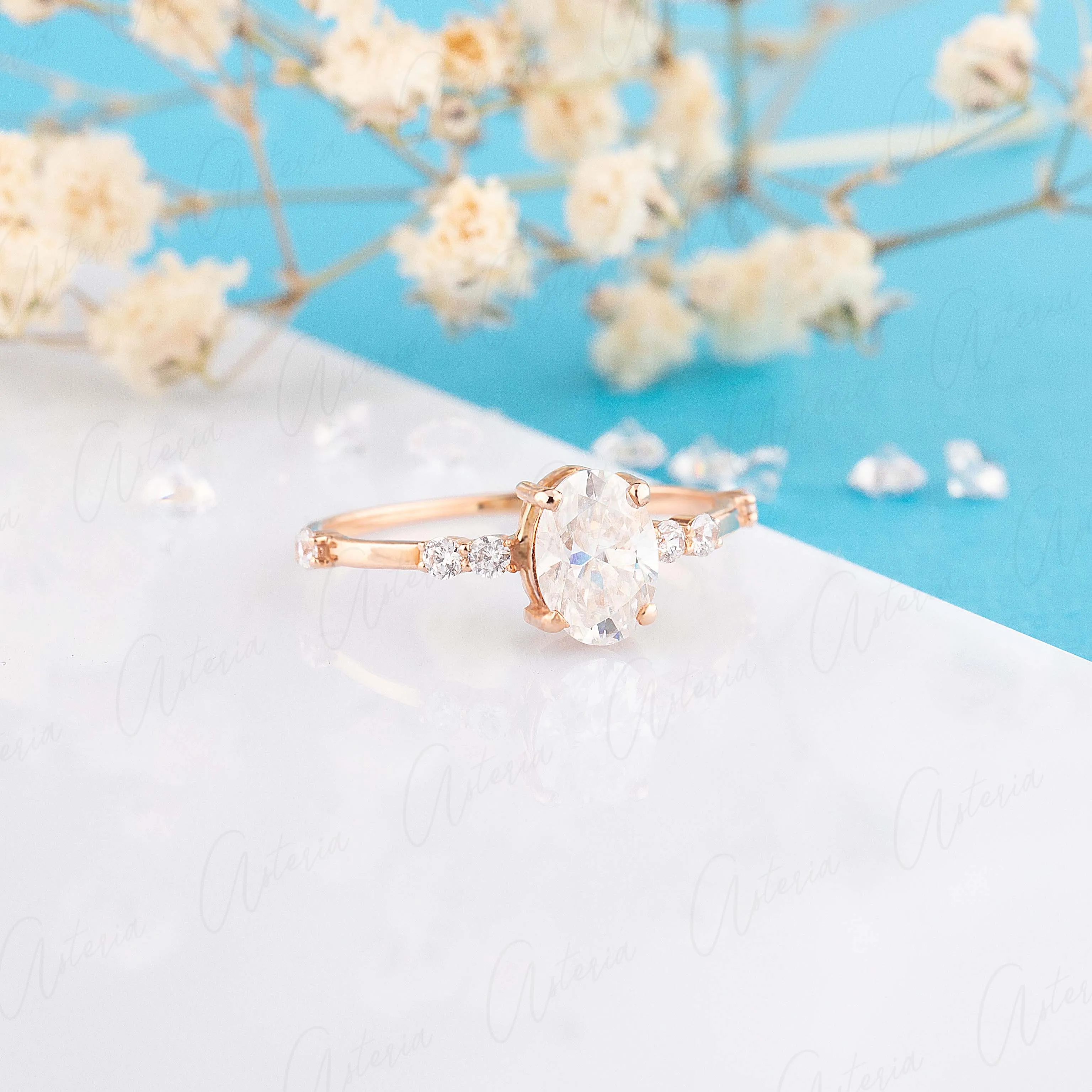 Dainty & elegant 14k rose gold oval cut moissanite promise ring for her