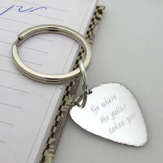 Engraved Guitar Pick Keychain, Mens Accessory and Gift Idea