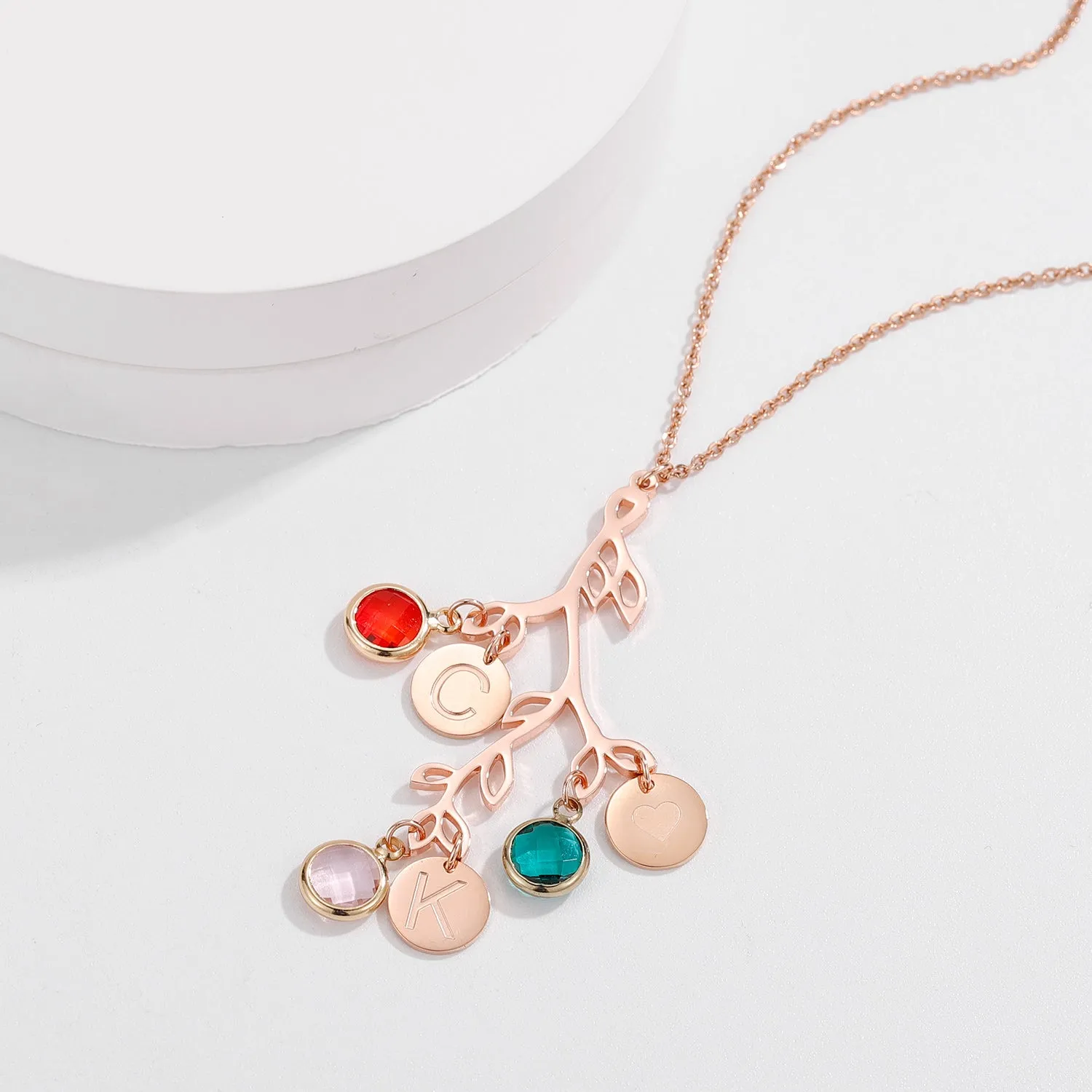 Family Tree necklace with initials with Birthstones