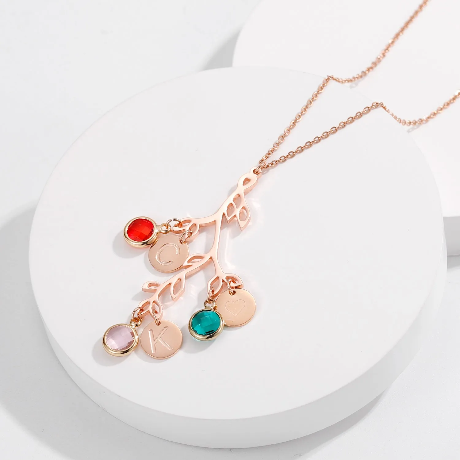Family Tree necklace with initials with Birthstones