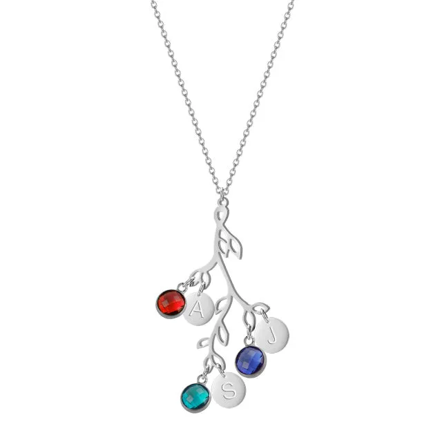 Family Tree necklace with initials with Birthstones