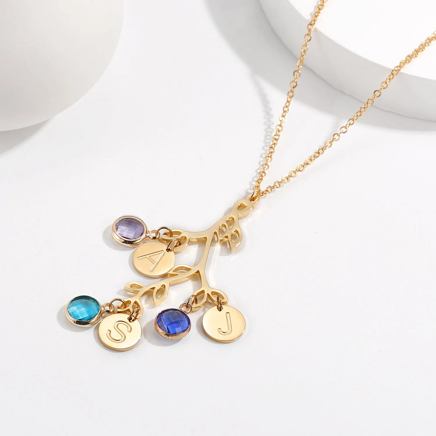 Family Tree necklace with initials with Birthstones
