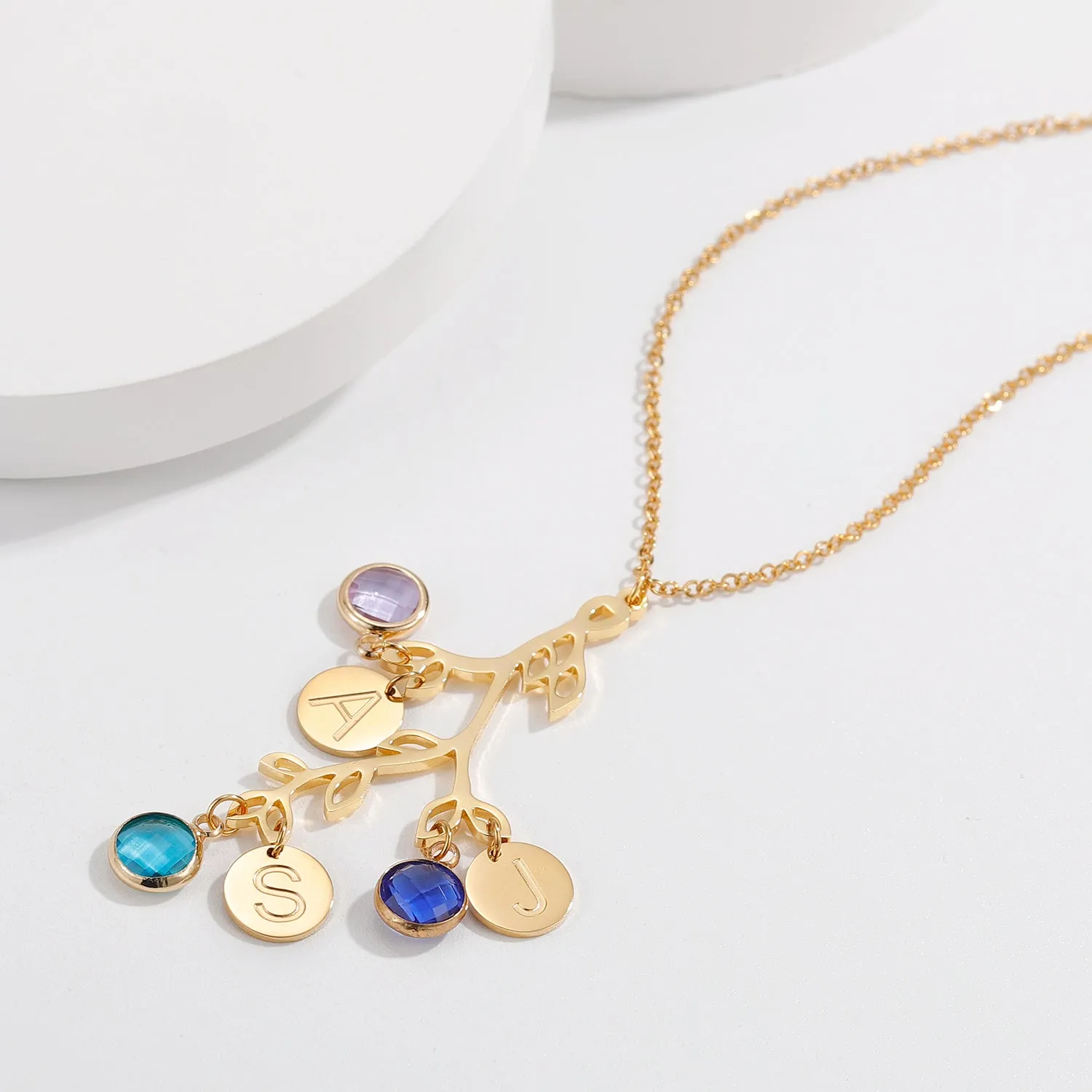 Family Tree necklace with initials with Birthstones