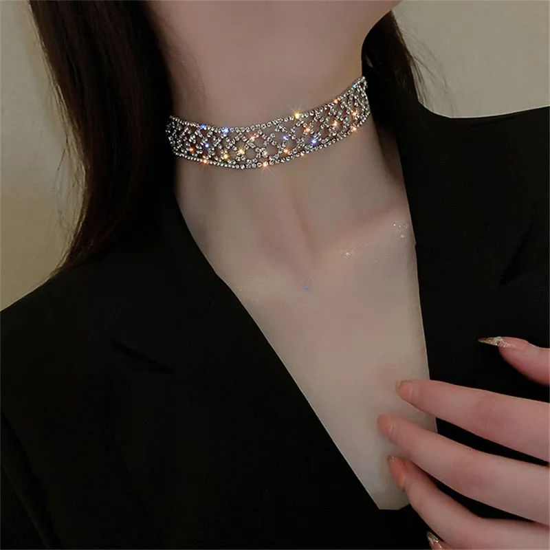 Geometric Hollow Mesh Crystal Choker Necklaces for Women