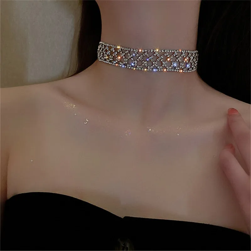 Geometric Hollow Mesh Crystal Choker Necklaces for Women