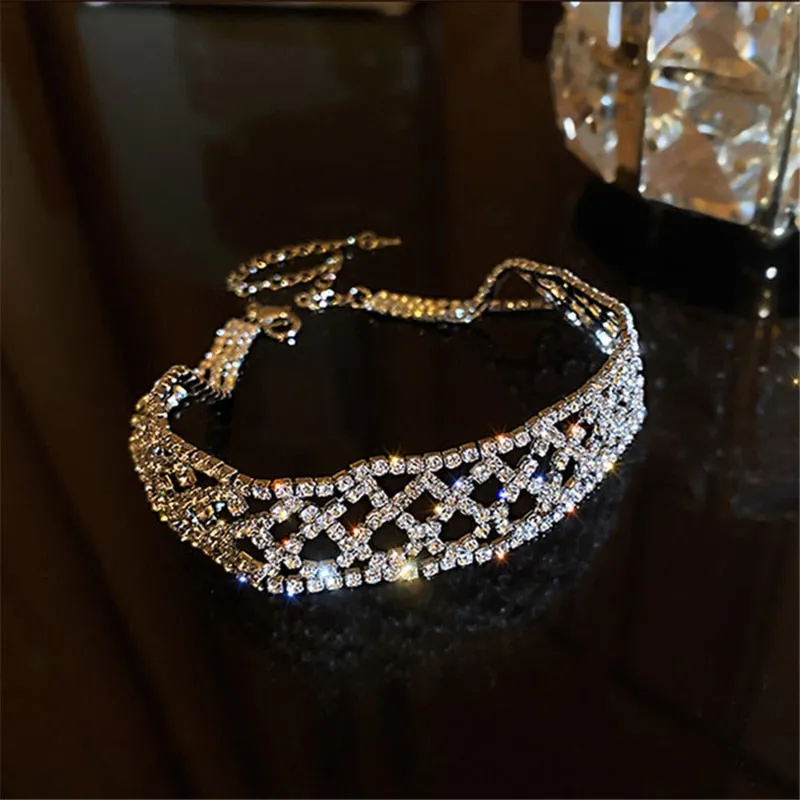 Geometric Hollow Mesh Crystal Choker Necklaces for Women