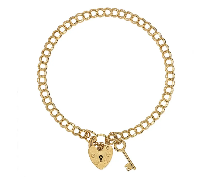 Gold Double Link Charm Bracelet with Padlock and key