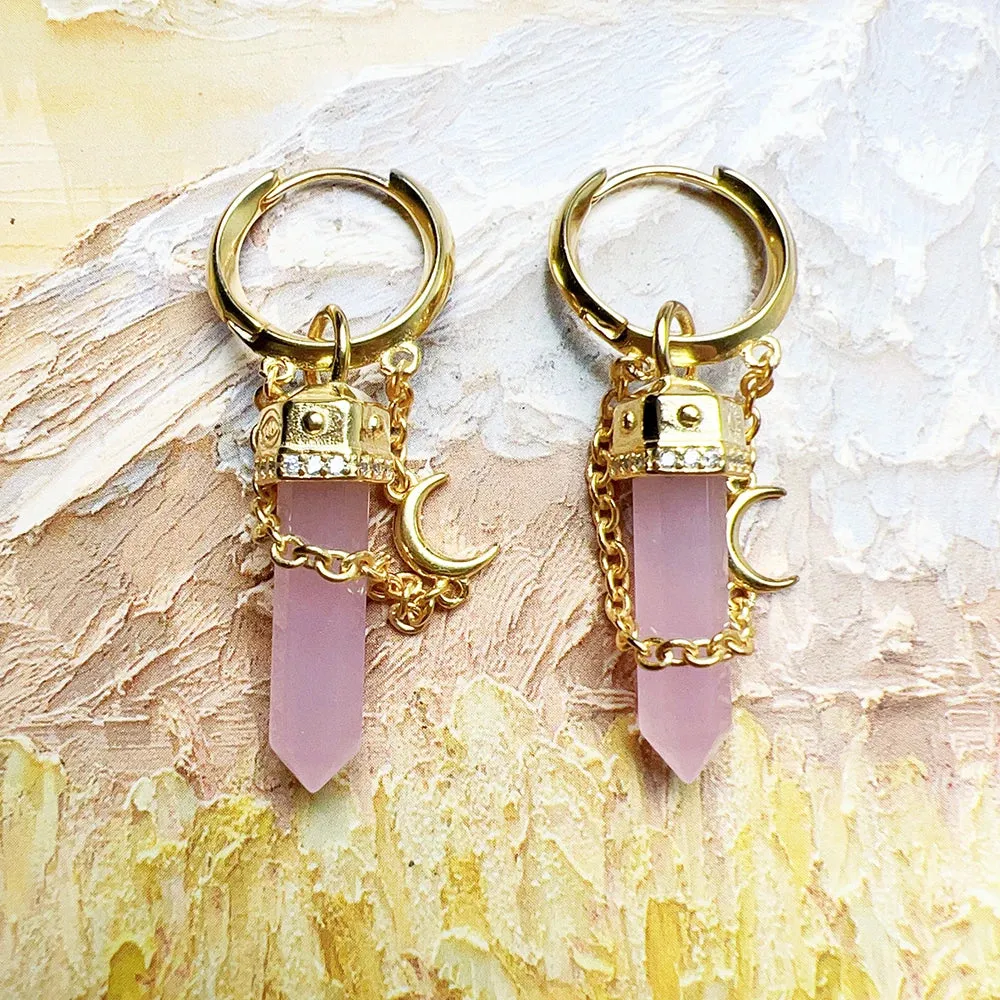Gold Hexagonal Hoop Earrings with Rose Quartz