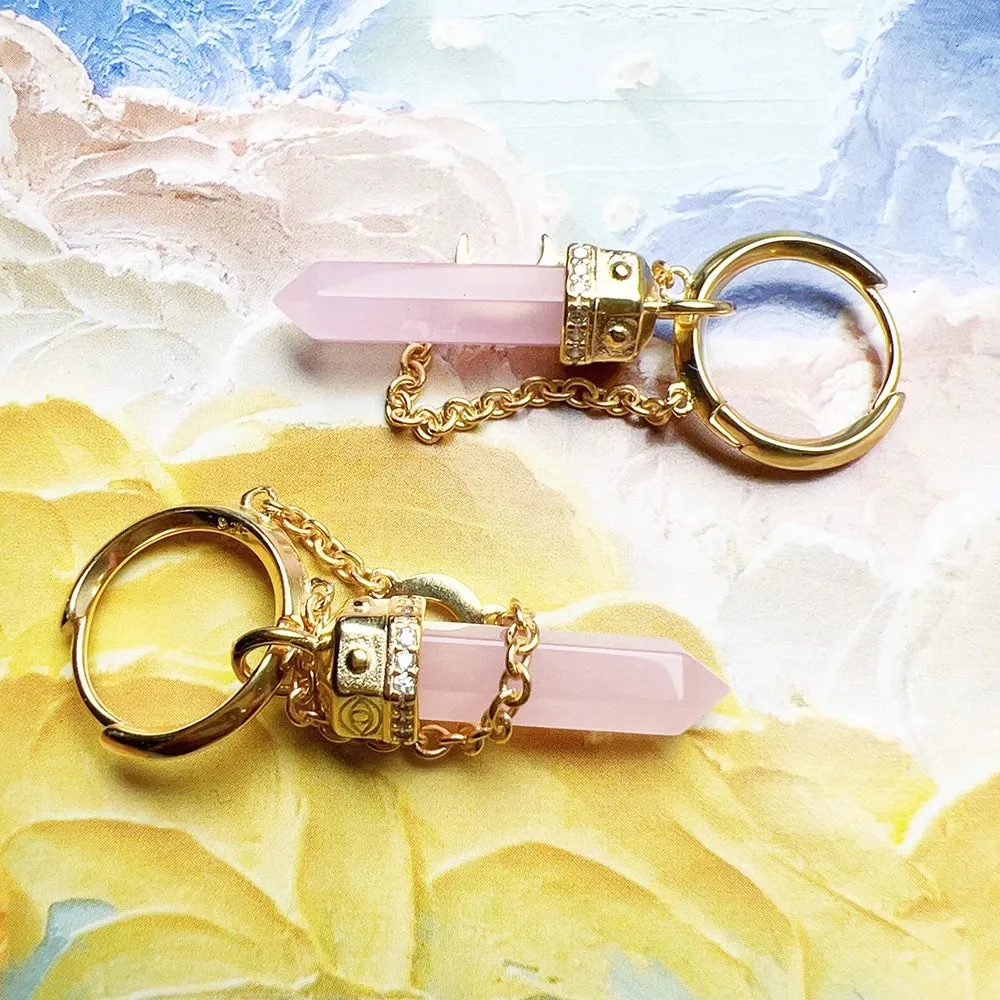 Gold Hexagonal Hoop Earrings with Rose Quartz