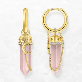 Gold Hexagonal Hoop Earrings with Rose Quartz